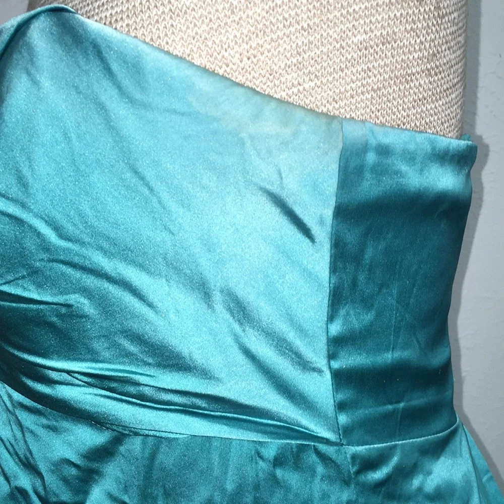 VTG Y2k NICOLE MILLER PETITES 100%SILK RUCHED DRAPED TEAL MIDI DRESS SZ 8P - Picture 3 of 9